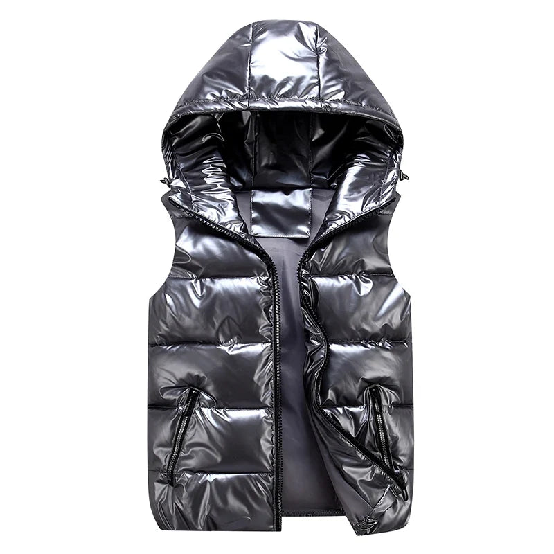 Glänzende ärmellose Herren-Daunenjacke mit Kapuze und Reißverschluss