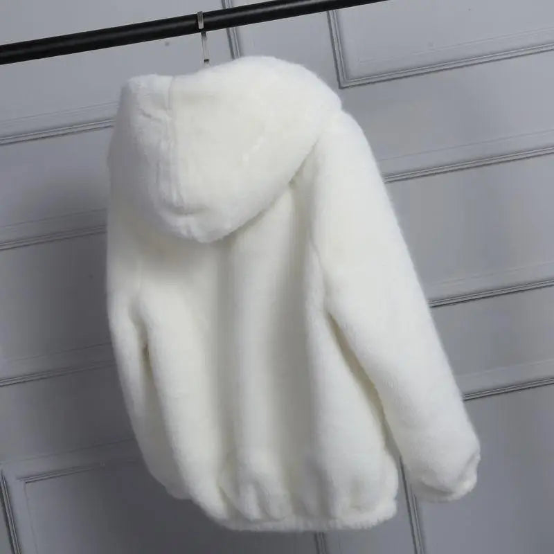 Women's Short Soft Faux Fur Hooded Jacket with Elasticized Waist