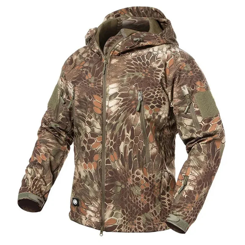 Men's Camouflage or Solid-Color Zipped Hooded Jacket with Multiple Pockets