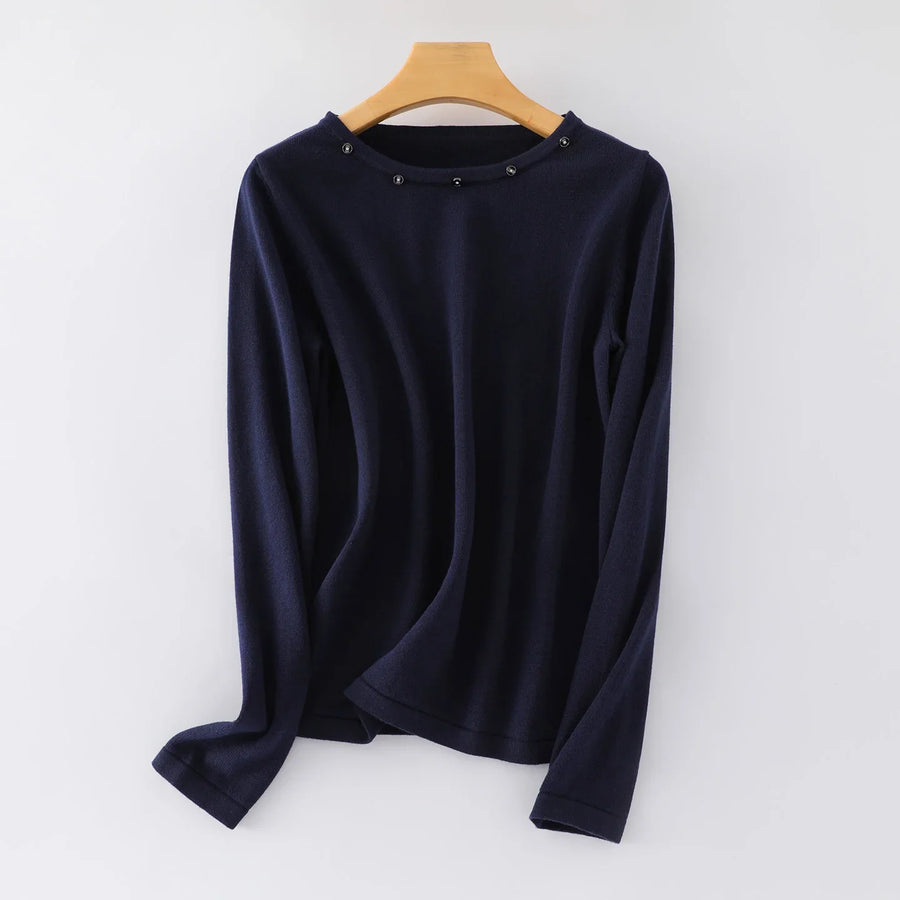 Women's fine-knit long-sleeve crew-neck top with metallic details