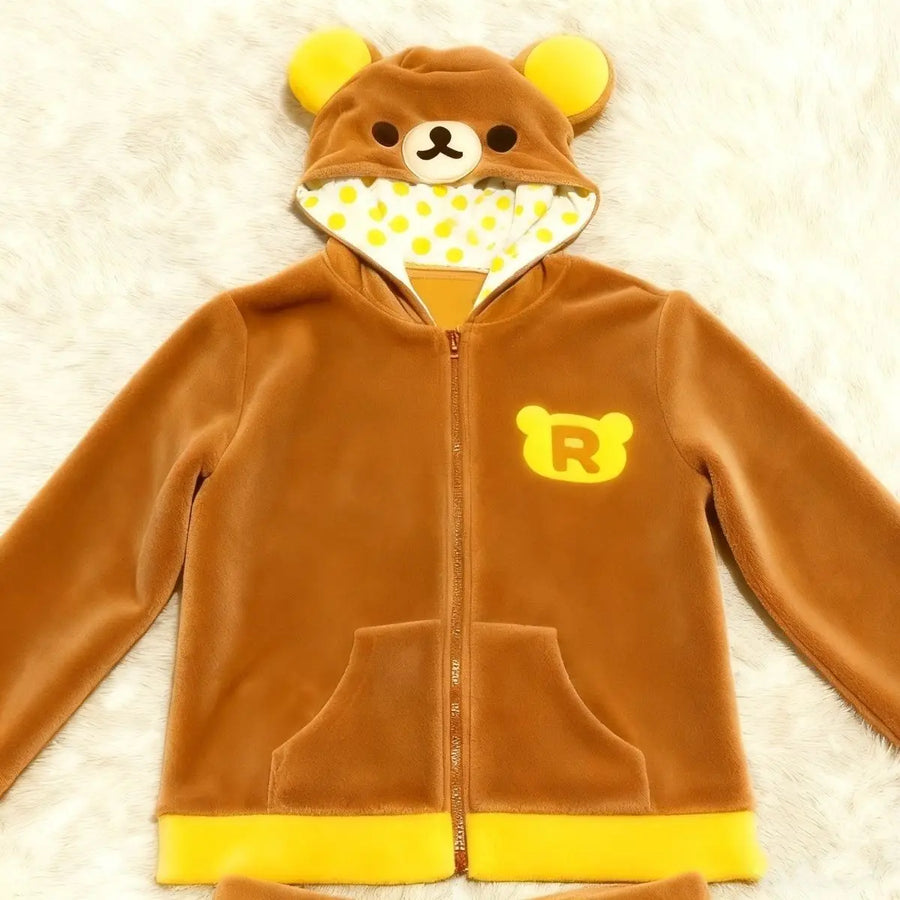 Women's Beige Fleece Zip-Up Hoodie with Animal Ears and Face