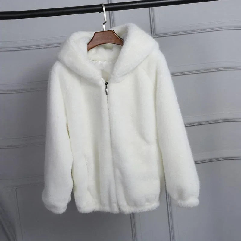 Women's Short Soft Faux Fur Hooded Jacket with Elasticized Waist