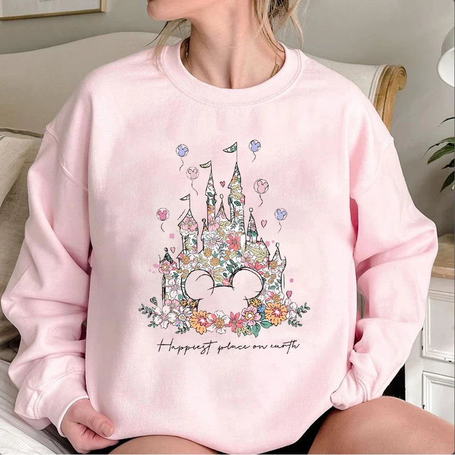 Sudadera de mujer de cuello redondo con estampado floral del castillo «Happiest Place», blanca
