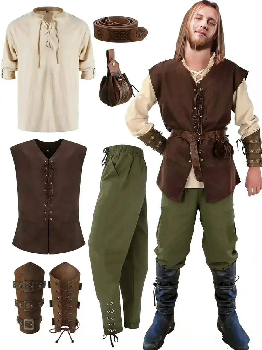 Costume medievale completo da uomo: giacca stringata, camicia, pantaloni, cintura e bracciale da polso