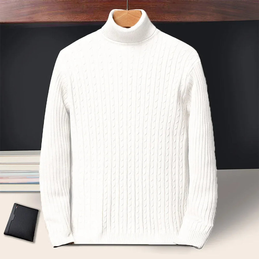 Pull Col Roulé Homme Torsadé Tricoté Couleur Unie Manches Longues