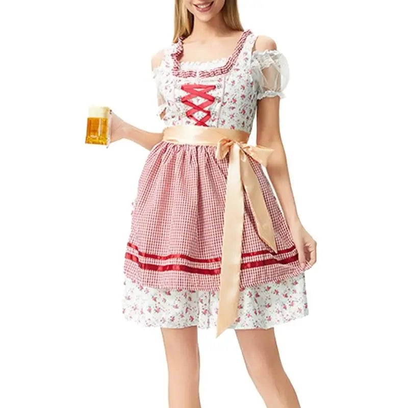 39BB ølkostume, dirndl, kjole, bluse, forklæde, tysk bayersk Oktoberfest-kostumesæt