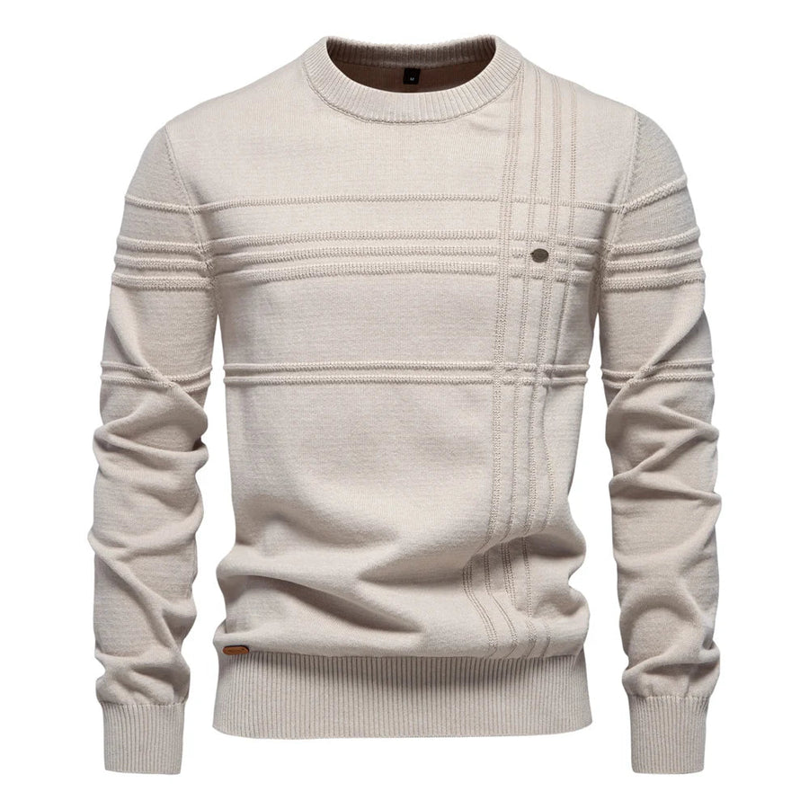 Suéter de hombre de cuello redondo, tejido con motivos texturizados, beige
