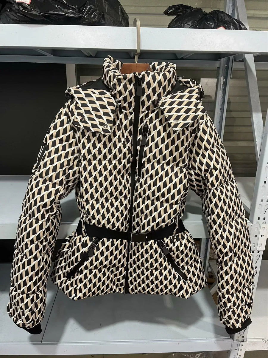 Women's quilted puffer jacket with a removable hood and gold elastic belt