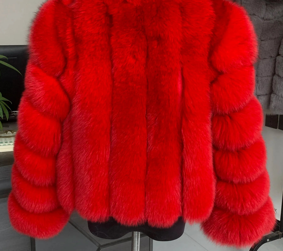 Veste courte femme à manches longues en fourrure douce aspect hiver chaud élégant blanc