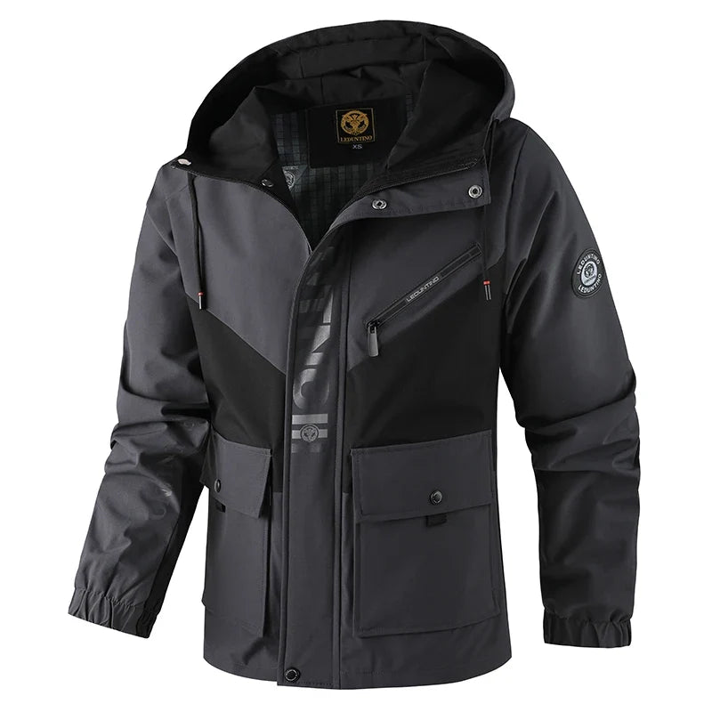 Veste à capuche pour homme, couleur contrastée, poches multiples