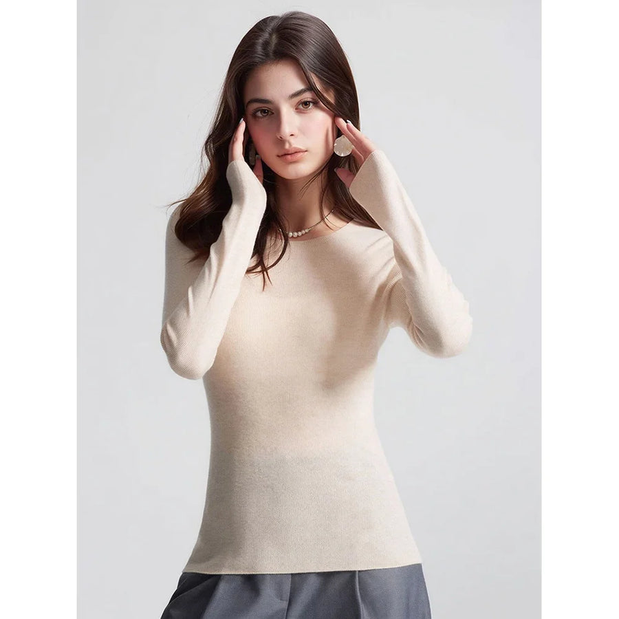 Jersey fino ajustado para mujer con cuello redondo, mangas largas, canalé y color liso