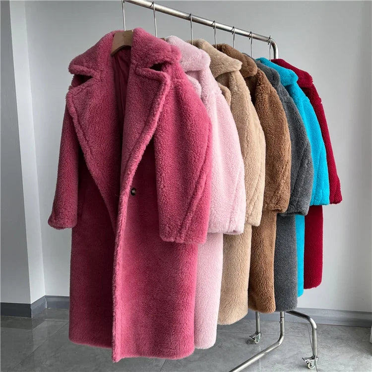 Manteau long femme teddy effet mouton marron chaud