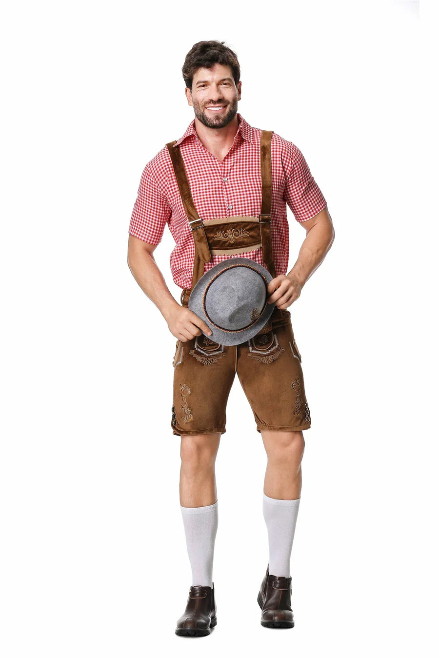 Bayerisches Herren-Festkostüm mit karierter Hemd und kurzer Lederhose