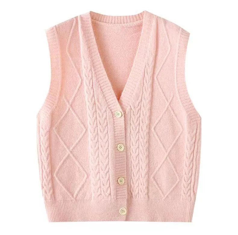 Gilet smanicato da donna in maglia lavorata a punto rasato con scollo a V e bottoni
