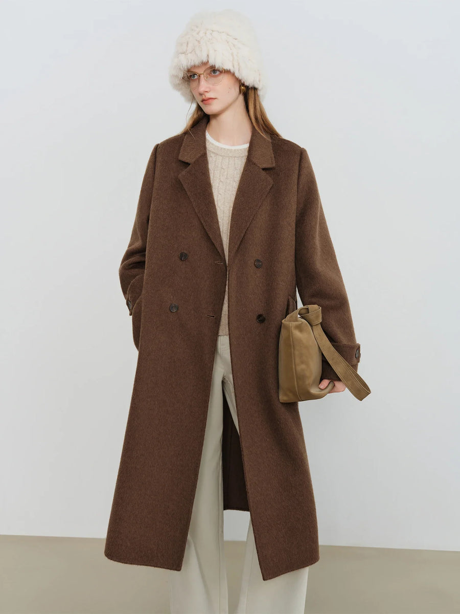 Manteau long femme croisé en tissu doux avec col à revers