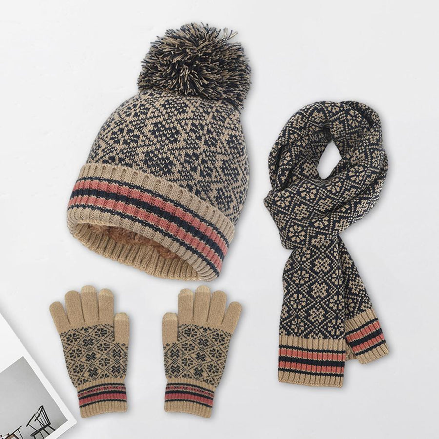 Gebreide set met muts, sjaal en handschoenen, wintermotief met pompon