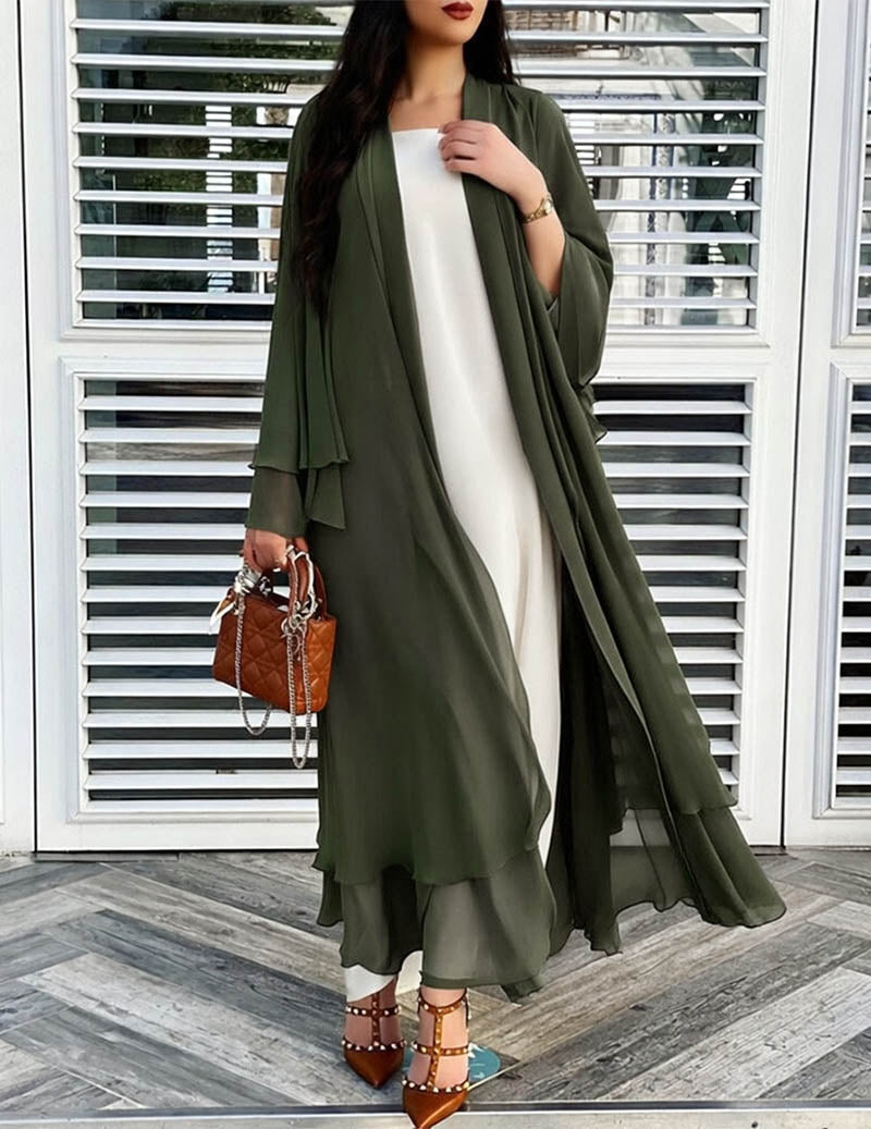 Women's Long, Flowing Cardigan with Ruffles and Lantern Sleeves