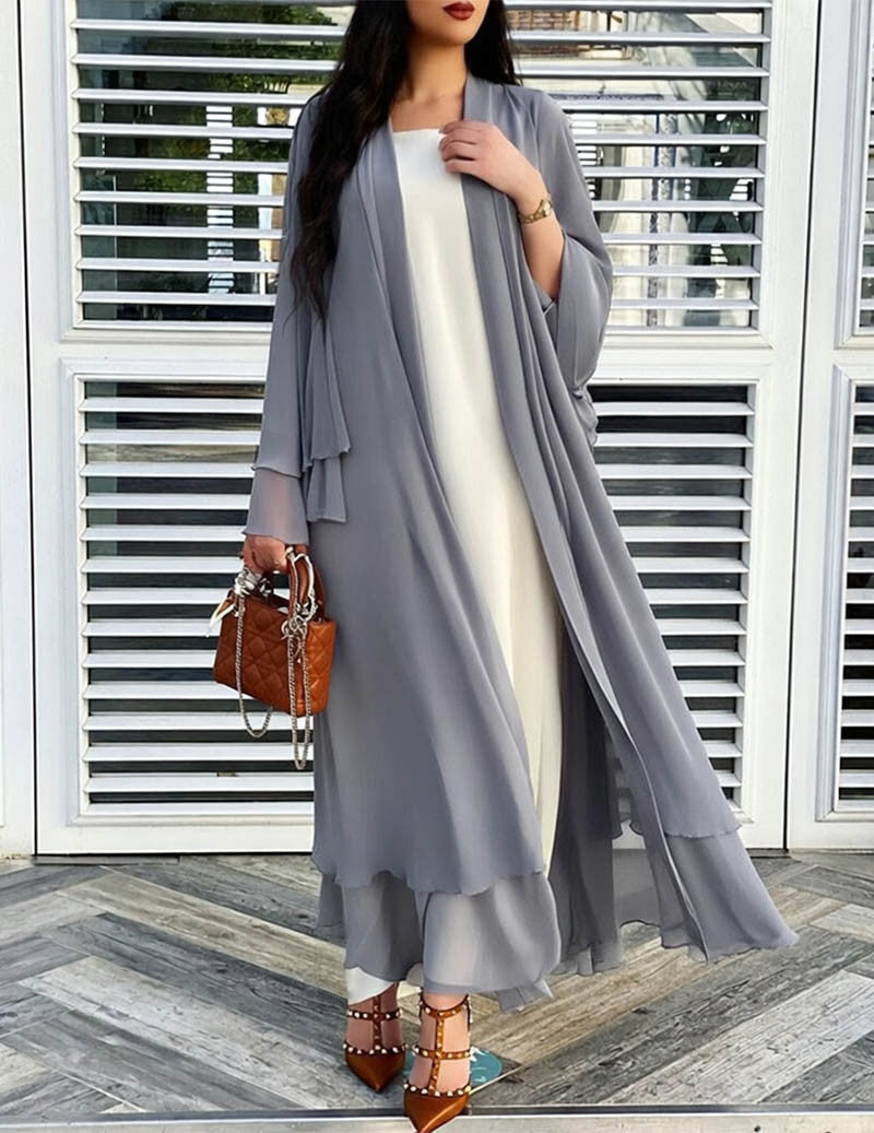 Women's Long, Flowing Cardigan with Ruffles and Lantern Sleeves