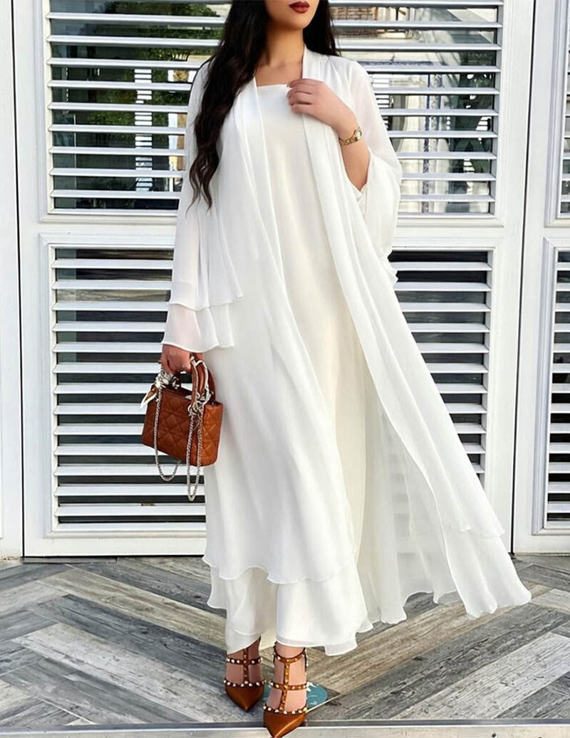 Women's Long, Flowing Cardigan with Ruffles and Lantern Sleeves