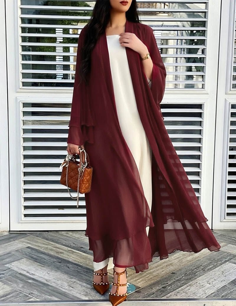 Women's Long, Flowing Cardigan with Ruffles and Lantern Sleeves