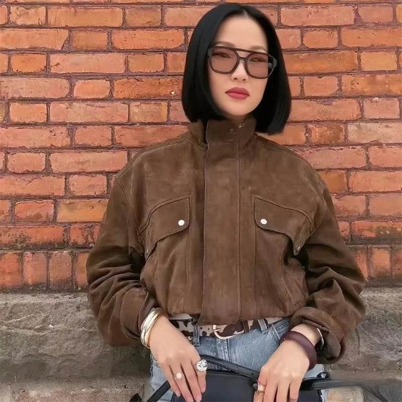 Women's oversized aviator jacket in dark brown with asymmetrical closure