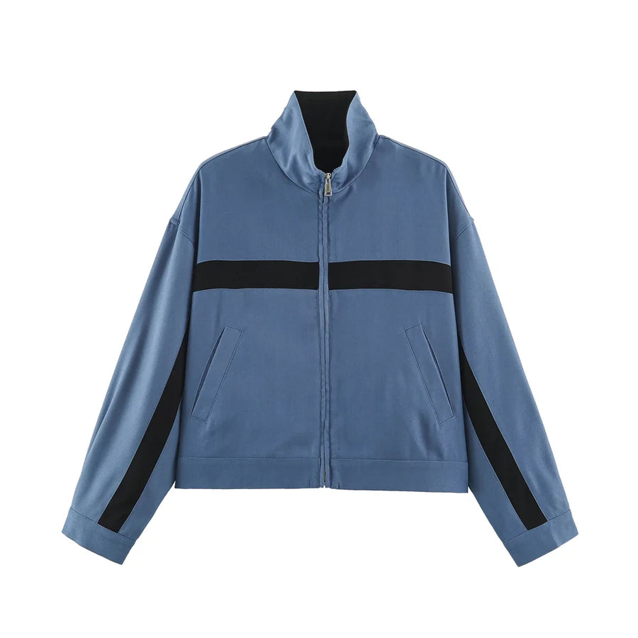 Damenblouson mit Stehkragen, Reißverschluss und kontrastierenden Streifen