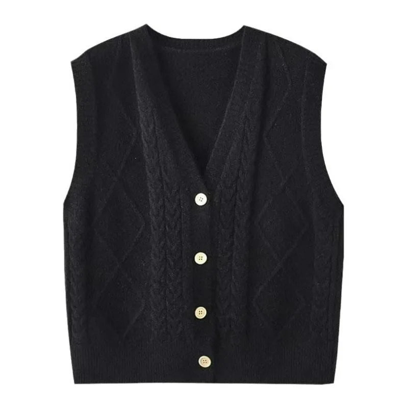 Gilet smanicato da donna in maglia lavorata a punto rasato con scollo a V e bottoni