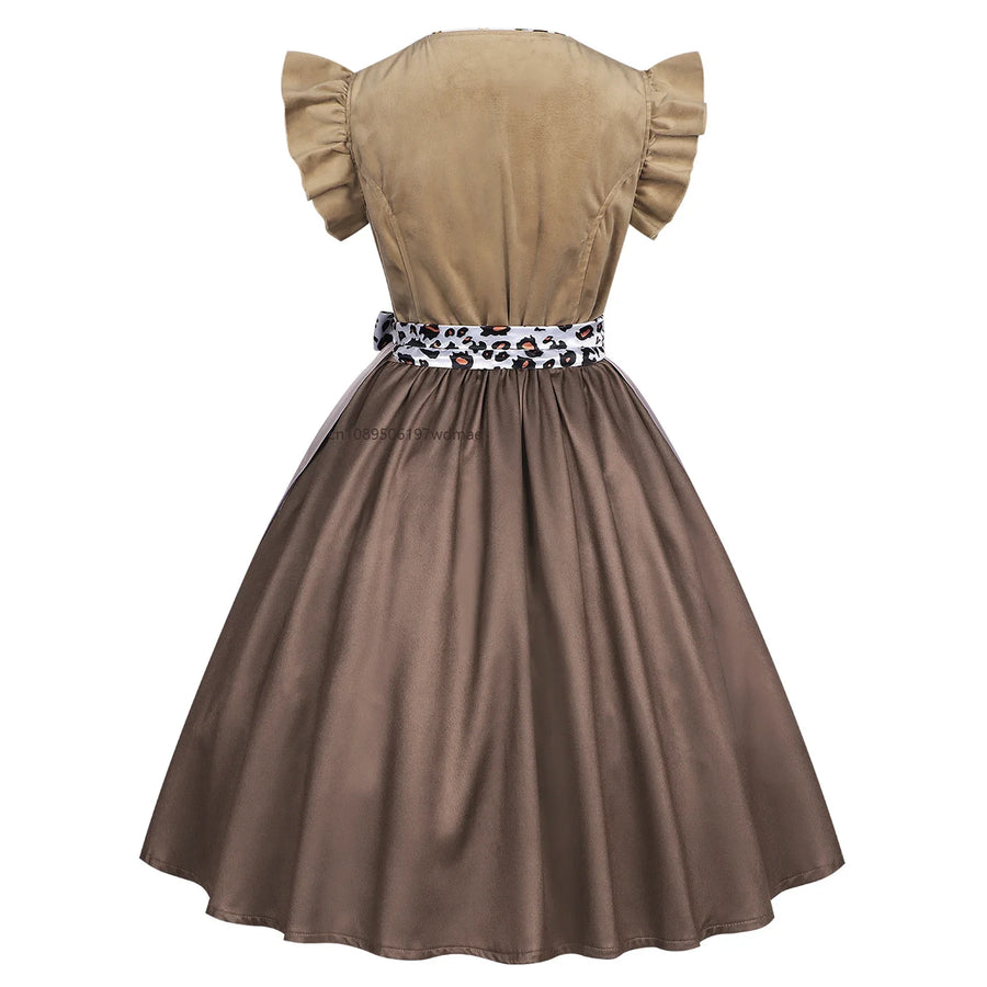 Abito dirndl tradizionale beige e marrone con grembiule leopardato da donna