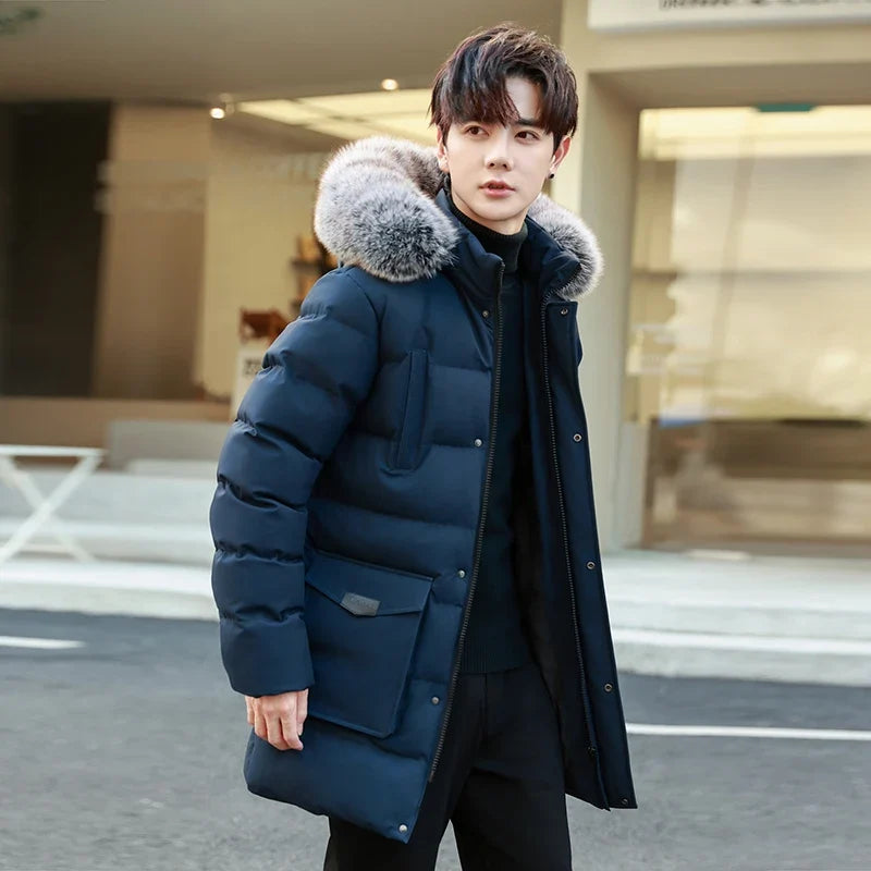 Men's Long Hooded Puffer Jacket with Removable Fur Trim, Casual Style