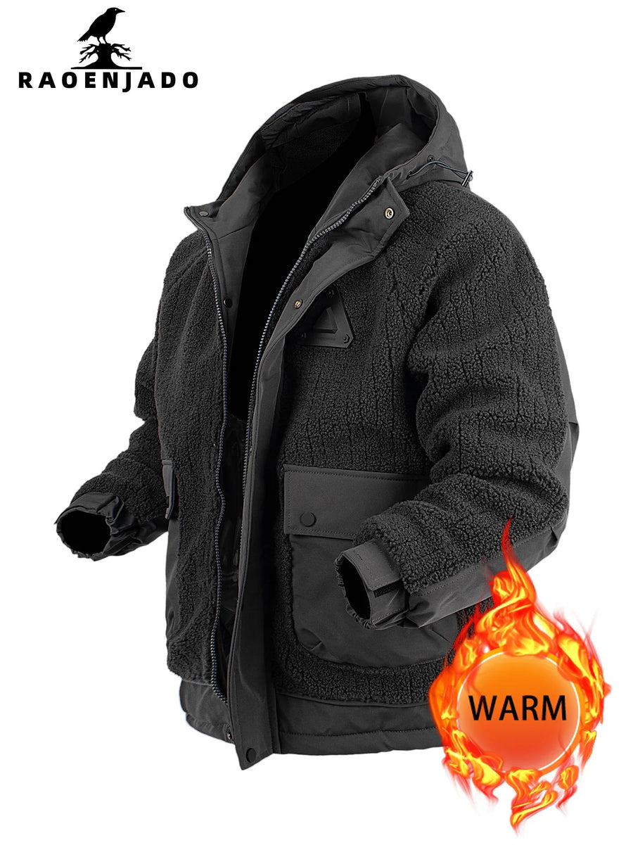 Giacca da uomo con cappuccio effetto pile, stile casual, antivento, nera