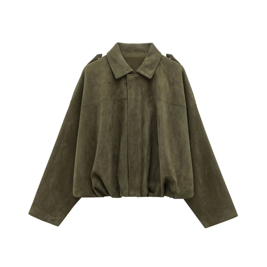 Cazadora corta de aviador de mujer de color liso, con cuello de solapa y mangas amplias
