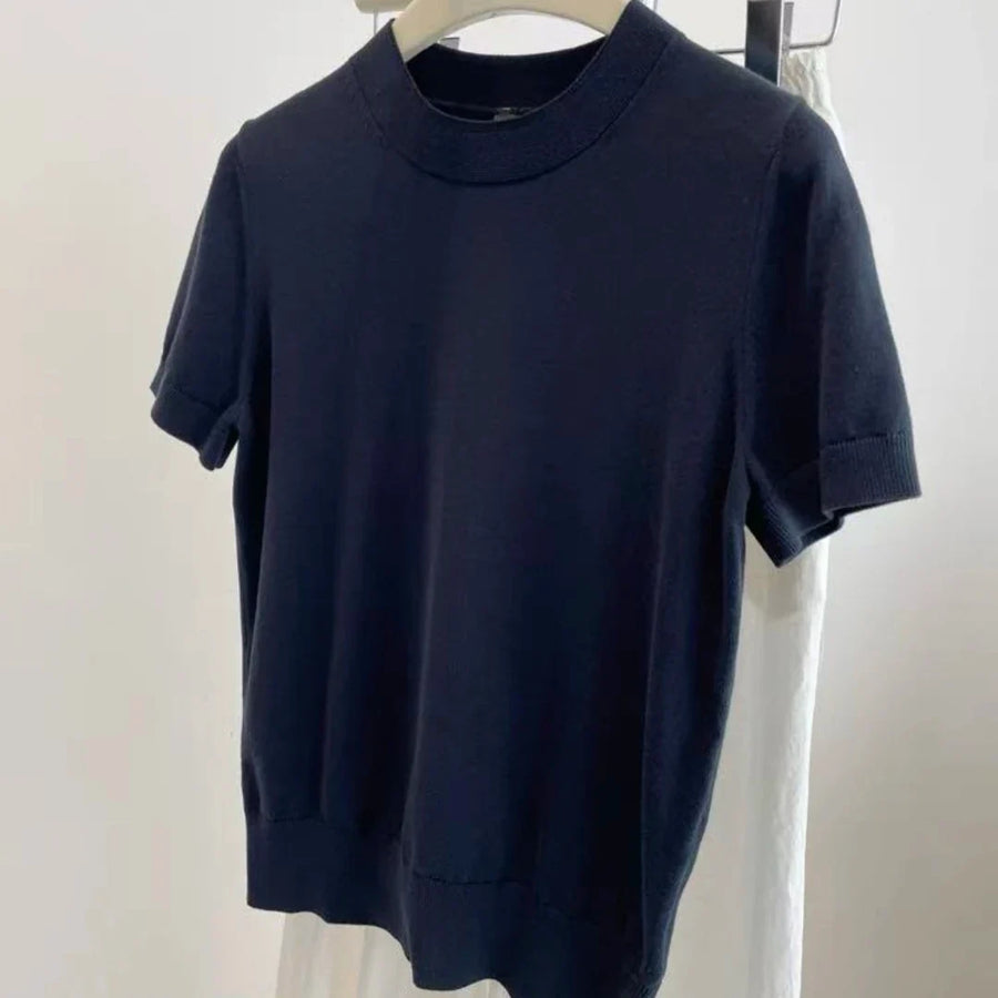 Women's solid-color short-sleeve knit T-shirt with a high neck