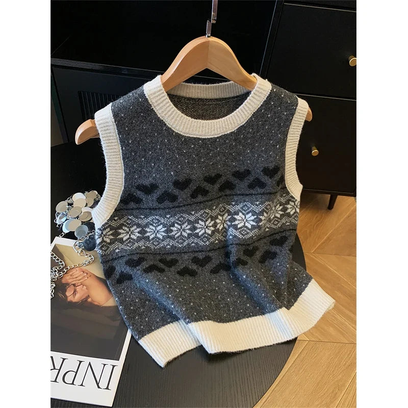 Gilet sans manches tricoté motif cœurs et flocons pour femme