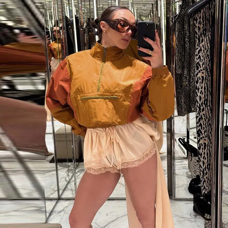 Chaqueta anorak cortavientos de mujer bicolor, de manga larga
