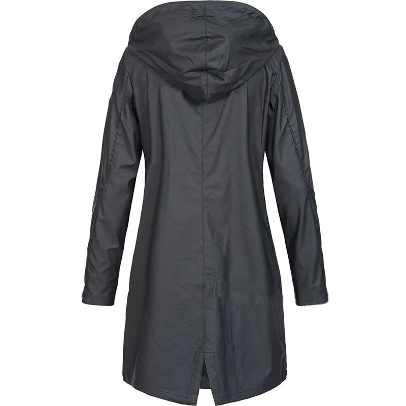 Imperméable long femme à capuche vert kaki avec poches et boutons-pression