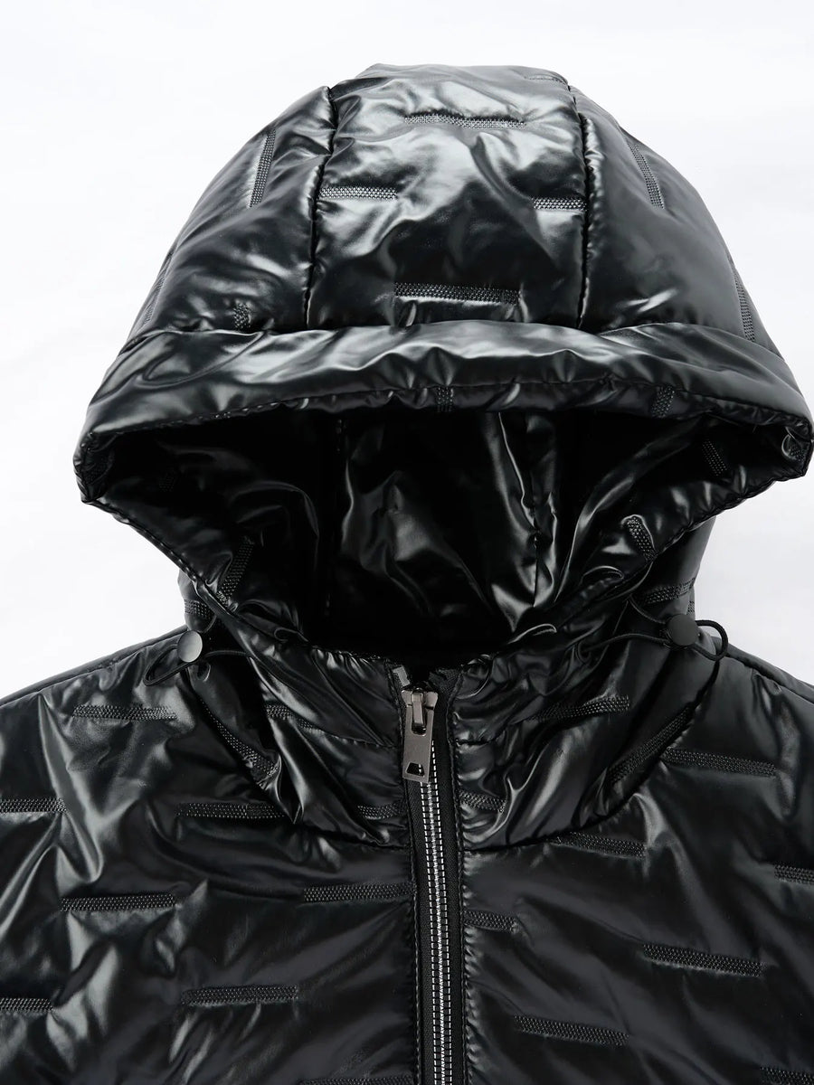 Men's shiny black quilted hooded puffer jacket with zip closure