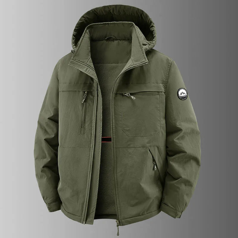 Men's lined hooded jacket with multiple pockets, zip closure, and sleeve badge