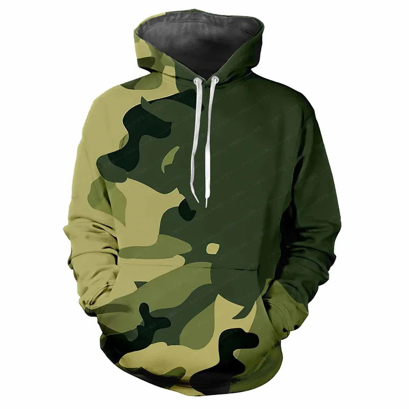 Sudadera de camuflaje con capucha para hombre, bolsillo canguro y cordones ajustables