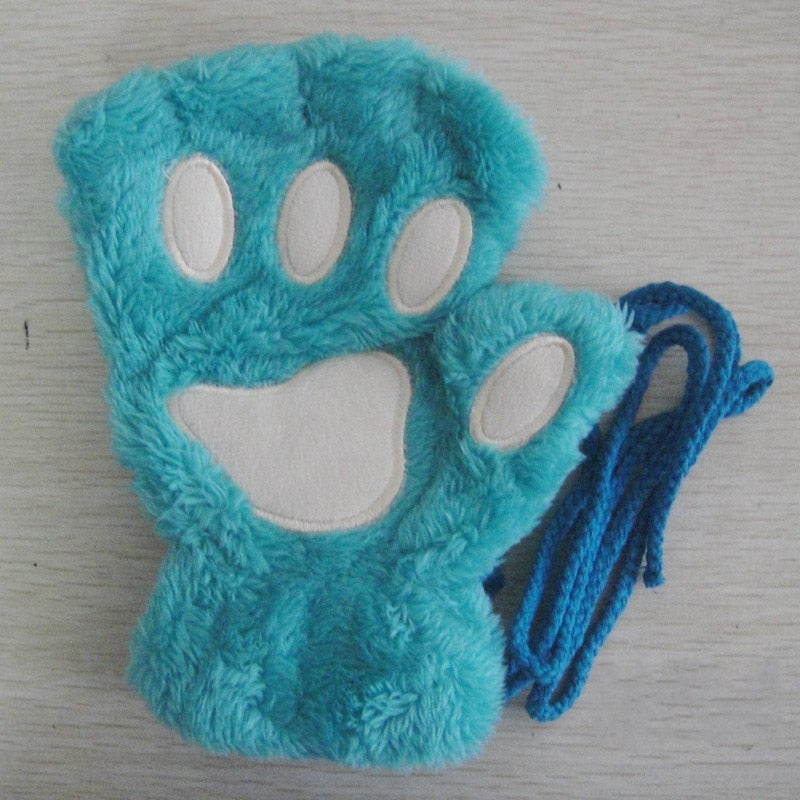 Bright pink plush animal-paw mittens with drawstring