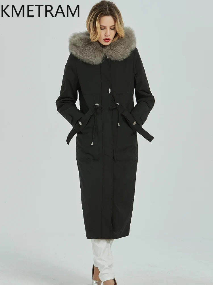 Black long parka for women with a hood and gray faux-fur lining