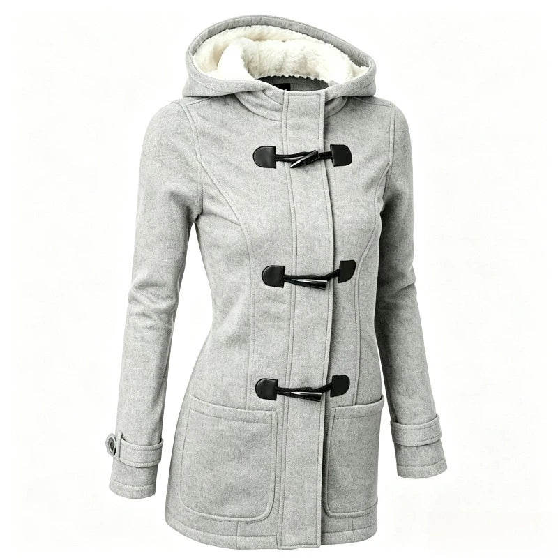 Duffle coat da donna nero con cappuccio foderato in pelliccia e alamari