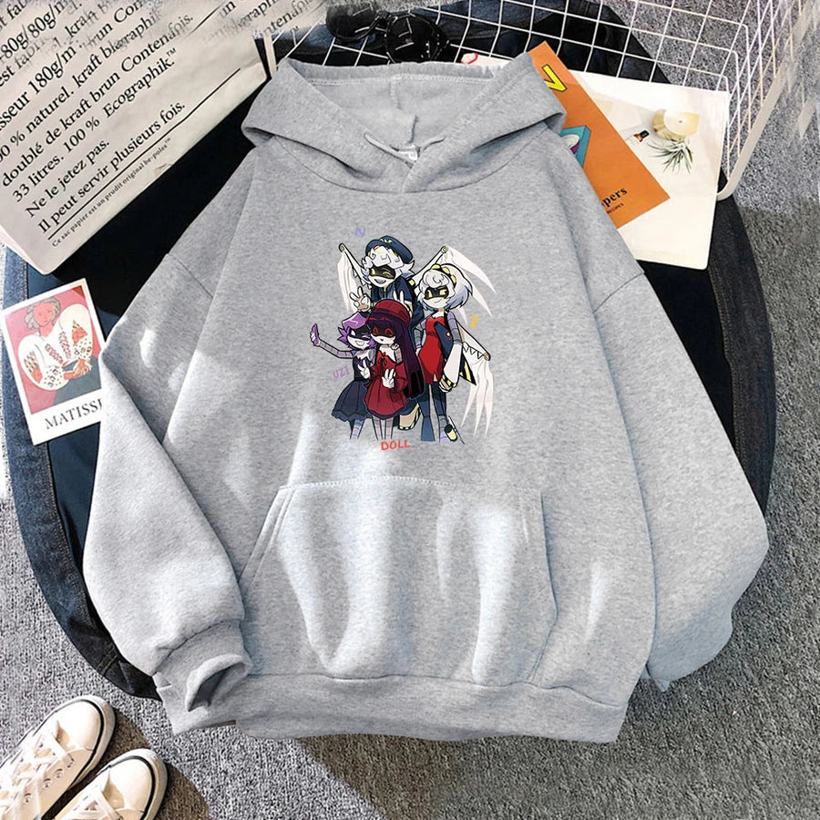 Felpa con cappuccio unisex con stampa anime, tasca a marsupio e coulisse
