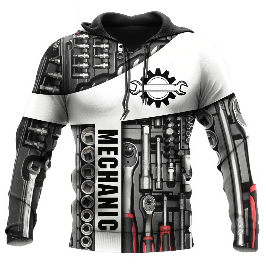 Sweat à Capuche Homme Imprimé Mécanicien Moteur Engrenages Outils