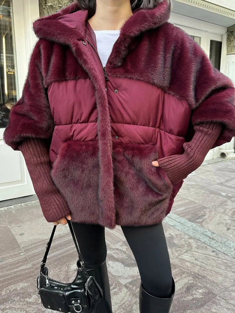 Manteau Femme Hiver Doux Capuche Panneaux Fausse Fourrure Matelassé Manches Longues