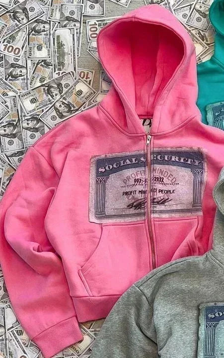 Sweat à Capuche Zippé Court Imprimé Type "Social Security"