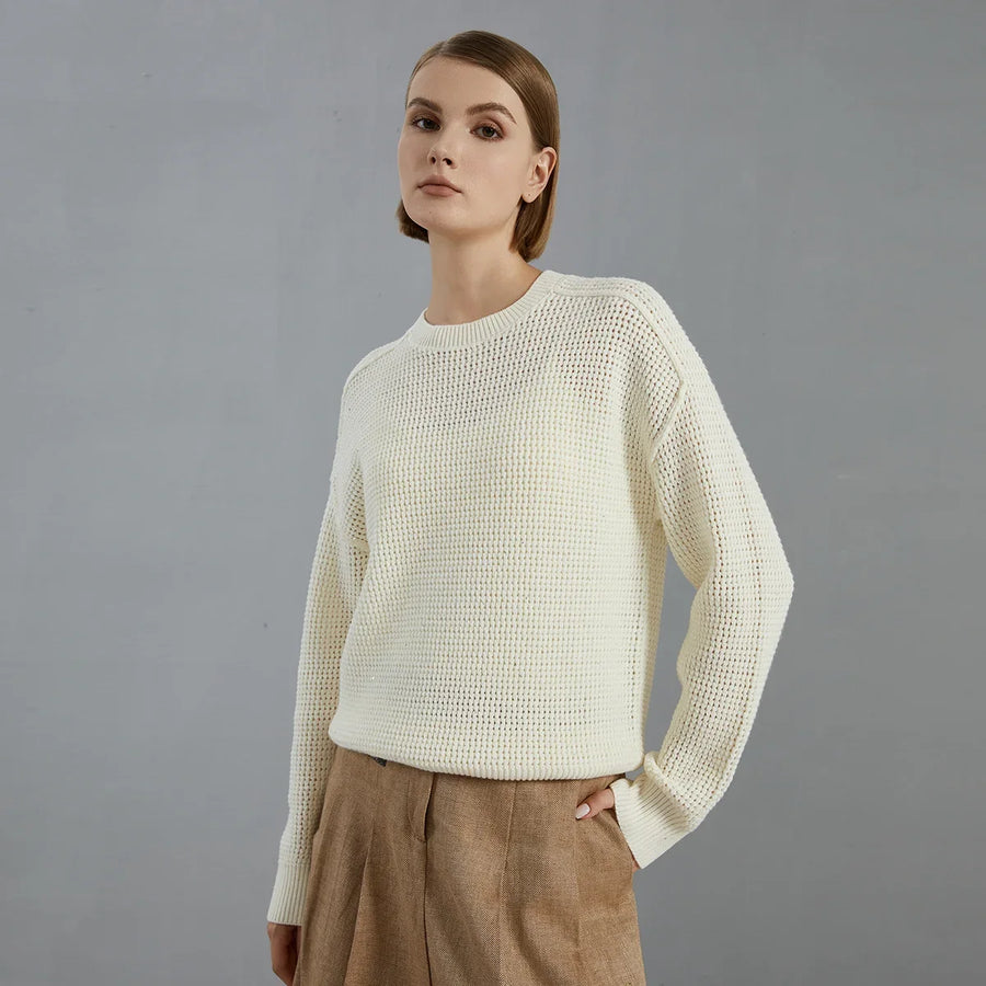 Jersey de punto gofrado de cuello redondo para mujer