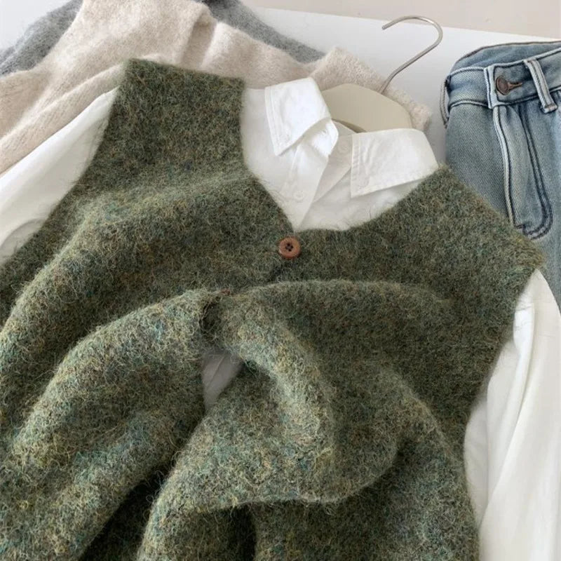 Gilet sans manches en maille col V pour femme, boutons décoratifs