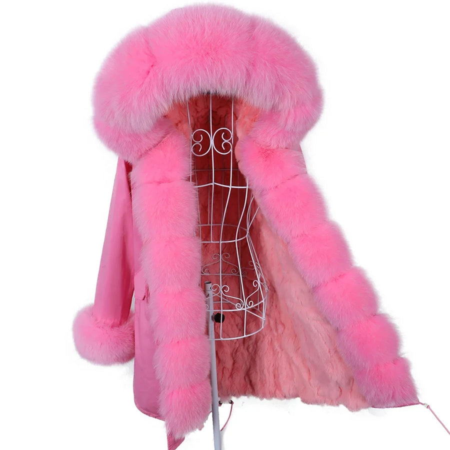 Parka invernale da donna con cappuccio, pelliccia rosa e fodera calda