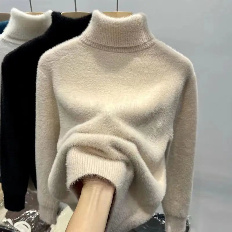 Pull col roulé doux et chaud en tissu effet peluche pour femme