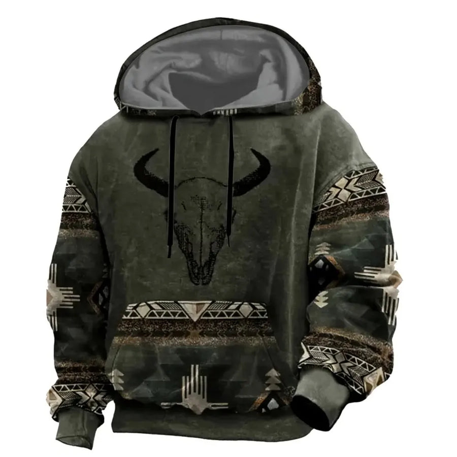 Sweat à Capuche Homme Motif Crâne de Taureau Tribal Vert Kaki